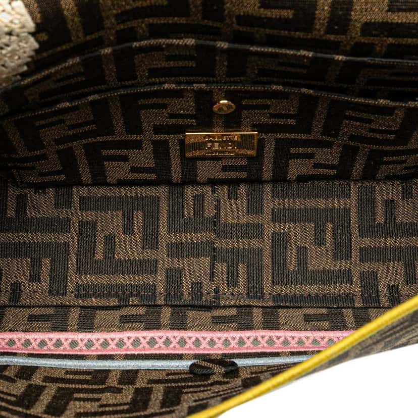 Fendi Zucca Embroidered Canvas Floral Baguette Satchel Brown Canvas Good condition - Model View