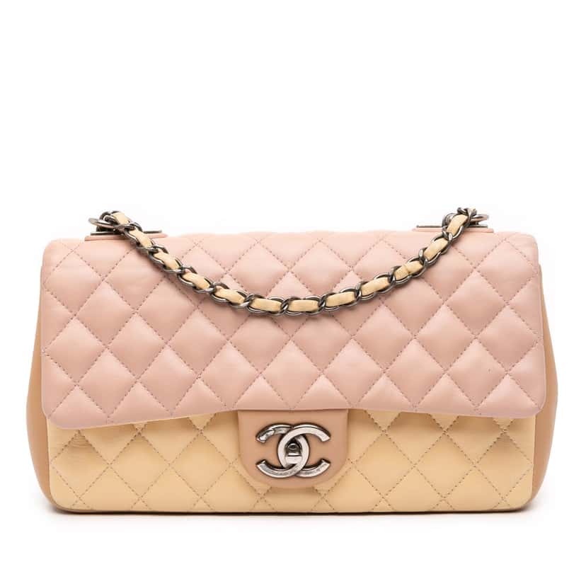 Chanel Medium Classic Tricolor Lambskin Single Flap Pink Leather Fair condition - Front View