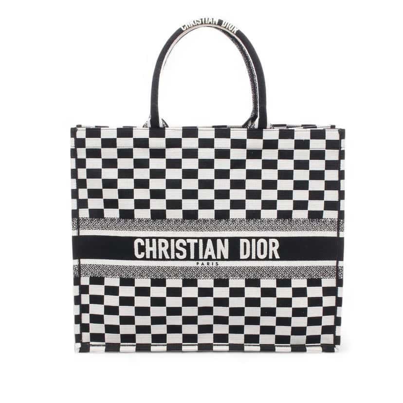 Dior Large Embroidered Canvas Checkered Book Tote White Canvas Good condition - Front View