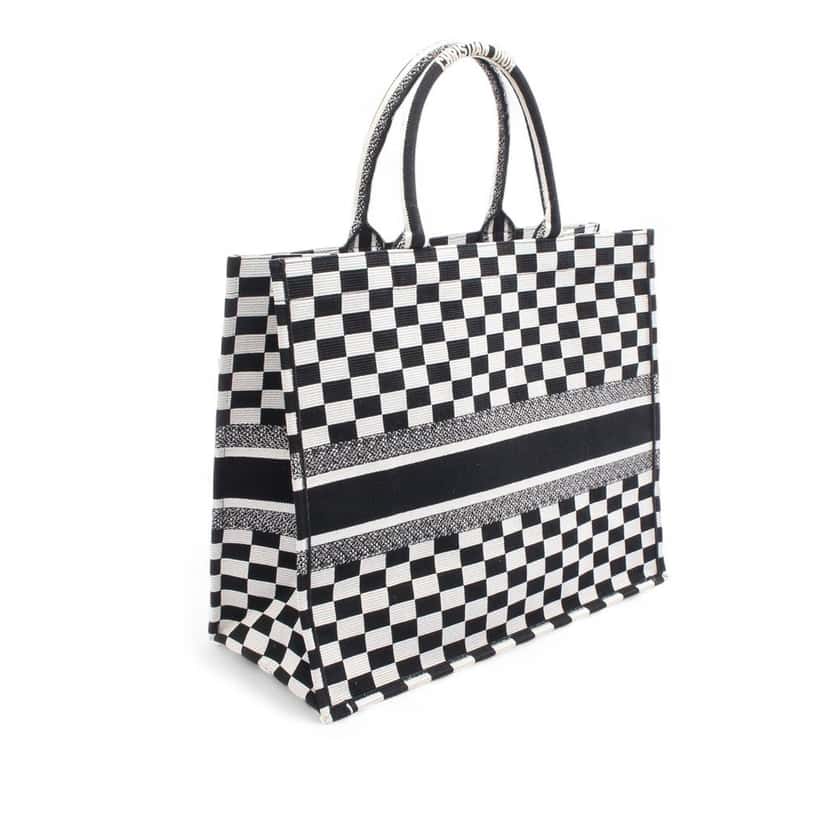 Dior Large Embroidered Canvas Checkered Book Tote White Canvas Good condition - Back View