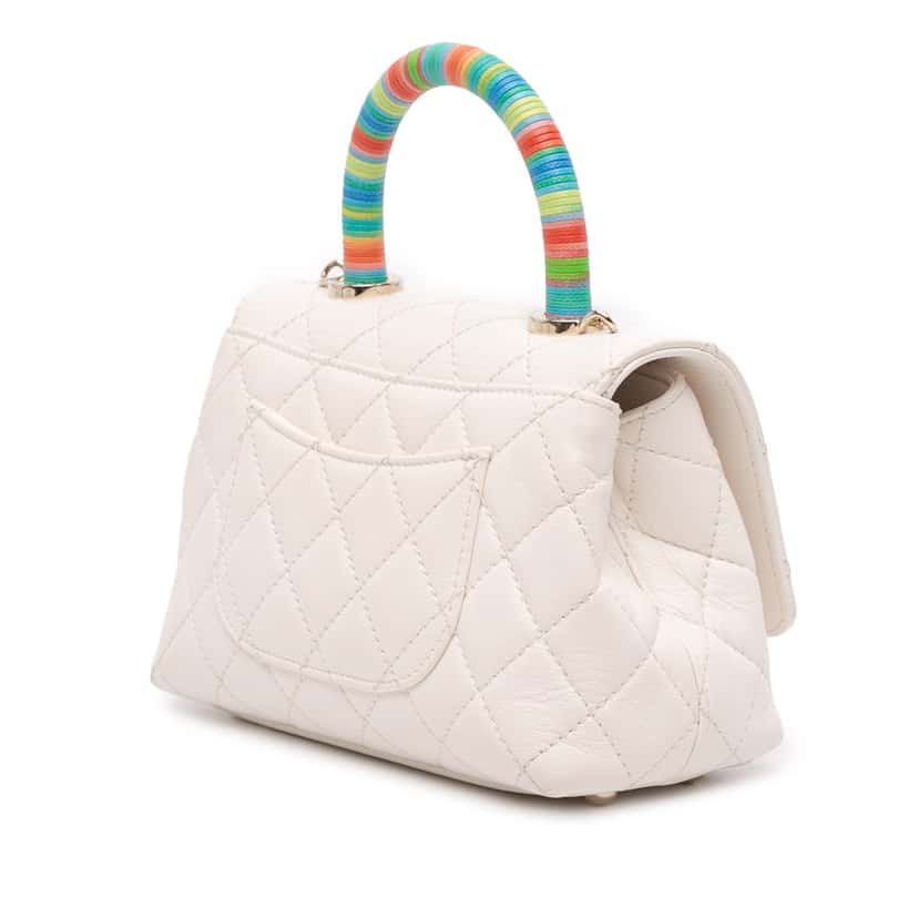 Chanel Extra Mini Quilted Goatskin Rainbow Top Handle Flap White Leather Good condition - Back View