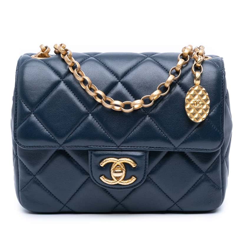 Chanel Mini Square Quilted Lambskin Bijoux Logo Chain Flap Blue Leather Good condition - Front View