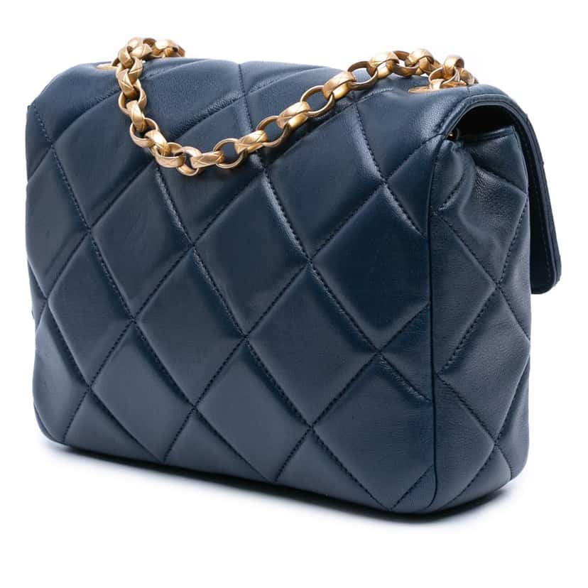 Chanel Mini Square Quilted Lambskin Bijoux Logo Chain Flap Blue Leather Good condition - Back View
