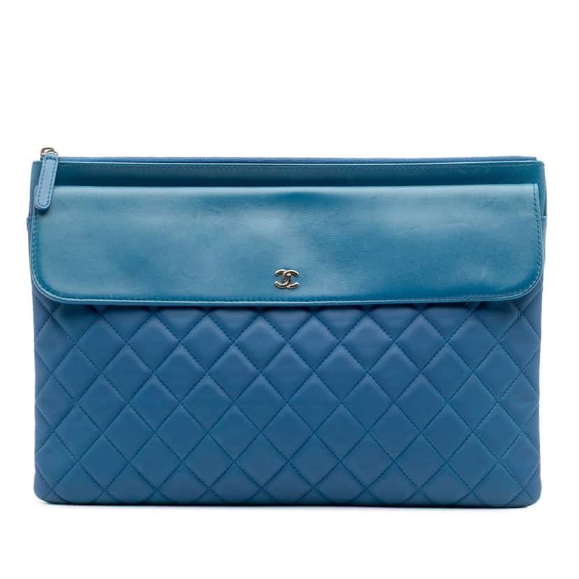 Chanel Large Quilted Lambskin Flap O Case Clutch Blue Leather Good condition - Front View