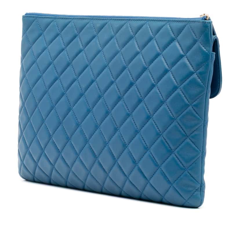 Chanel Large Quilted Lambskin Flap O Case Clutch Blue Leather Good condition - Back View