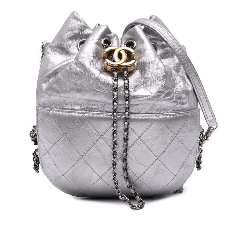Chanel Small Quilted Metallic Aged Calfskin Gabrielle Bucket Bag Silver Leather Good condition - Front View
