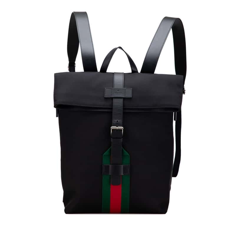Gucci Canvas Techno Web Fold Over Backpack Black Canvas Good condition - Front View