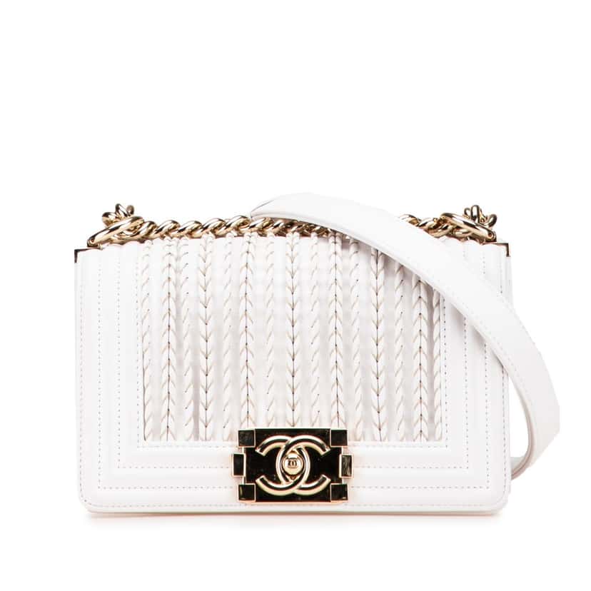 Chanel Small Lambskin Embroidered Boy Flap White Leather Good condition - Front View