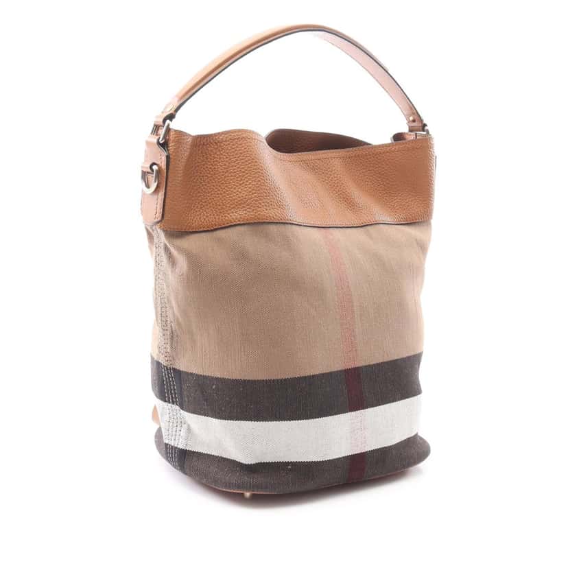 Burberry Medium Mega Check Canvas and Grained Calfskin Ashby Tassel Bucket Bag Brown Canvas Good condition - Back View