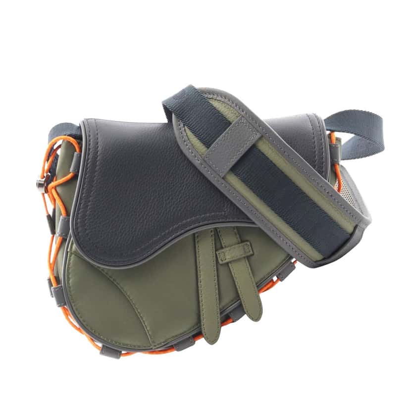 Dior Sacai Technical Fabric and Grained Calfskin Saddle Bag Green Good condition - Front View