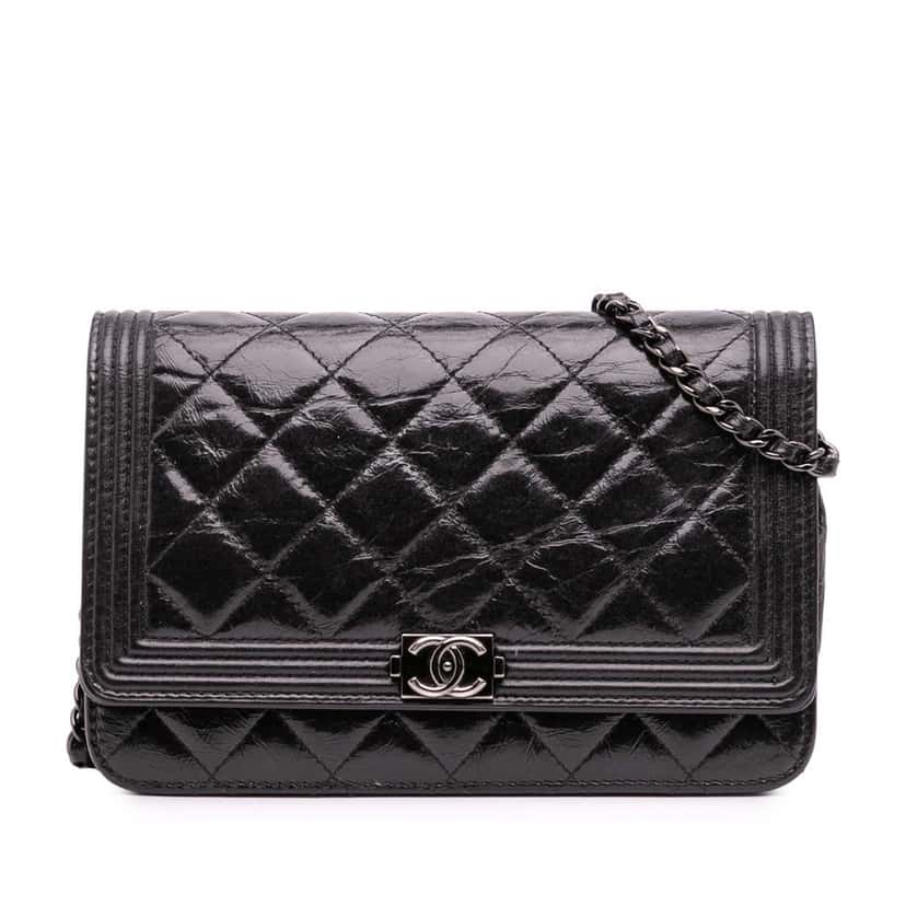 Chanel Quilted Shiny Aged Calfskin Boy Wallet On Chain Black Leather Good condition - Front View