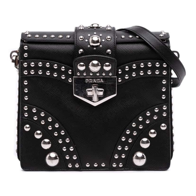 Prada Saffiano Studded Turn Lock Top Handle Bag Black Leather Good condition - Front View