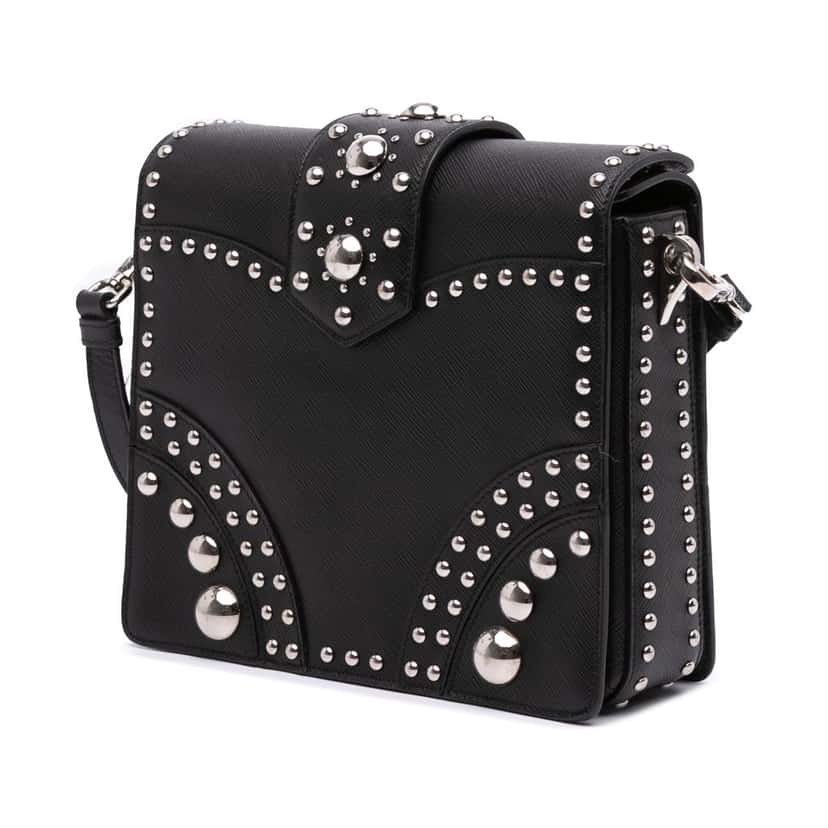Prada Saffiano Studded Turn Lock Top Handle Bag Black Leather Good condition - Back View