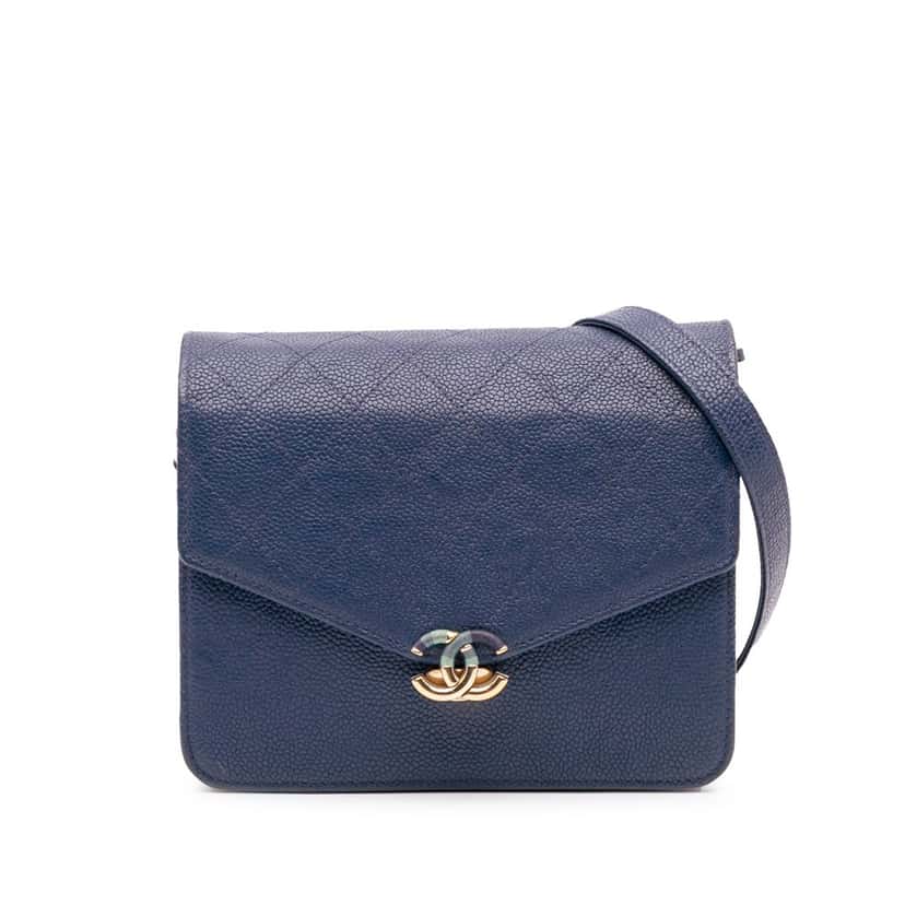 Chanel Square Quilted Grained Calfskin Cuba Thread Around Wallet On Chain Blue Leather Good condition - Front View