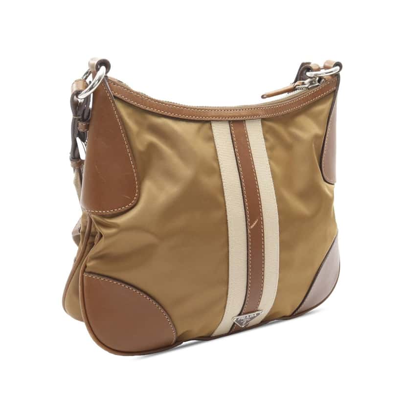 Prada Leather Trimmed Tessuto Stripe Crossbody Brown Good condition - Back View