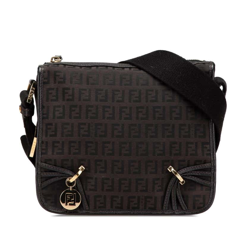 Fendi Small Zucchino Canvas F Charm Crossbody Brown Canvas Good condition - Front View