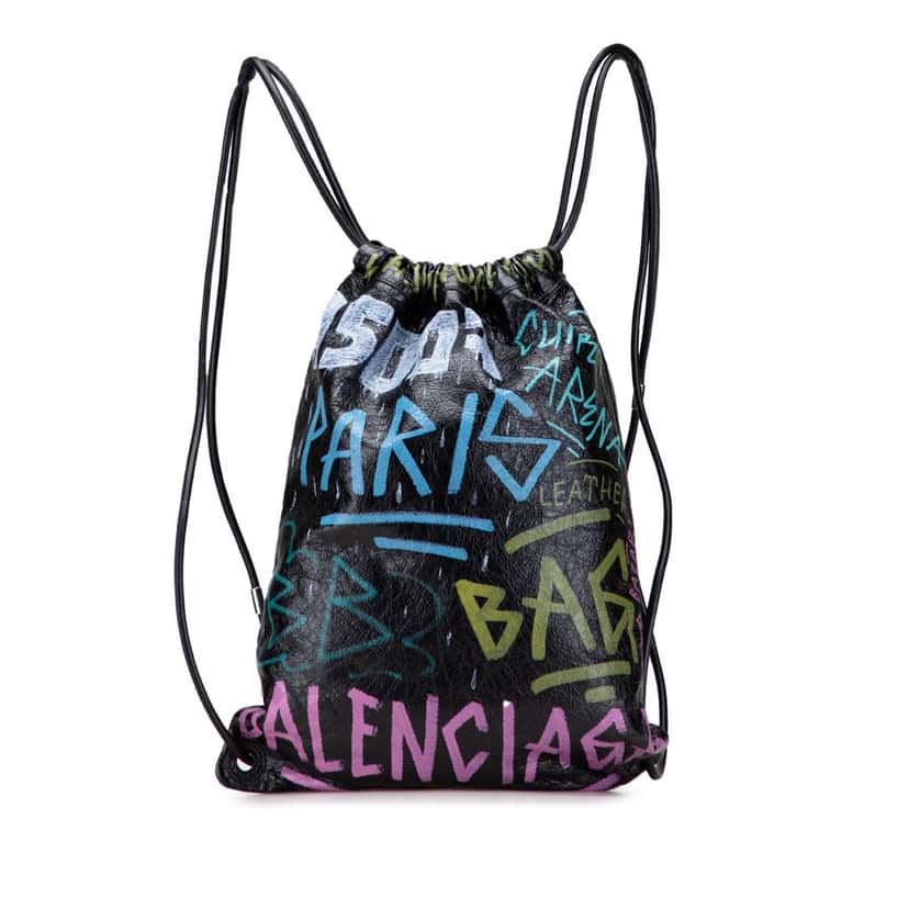 Balenciaga Lambskin Graffiti Explorer Drawstring Backpack Black Leather Good condition - Front View