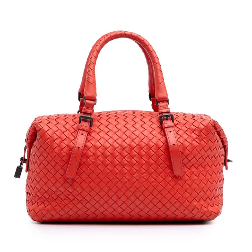 Bottega Veneta Nappa Intrecciato Boston Bag Red Leather Good condition - Front View