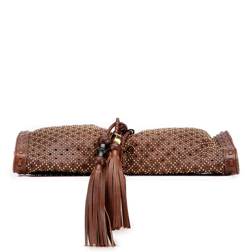 Gucci Perforated Leather Studded Malika Clutch Brown Leather Good condition - Inside View