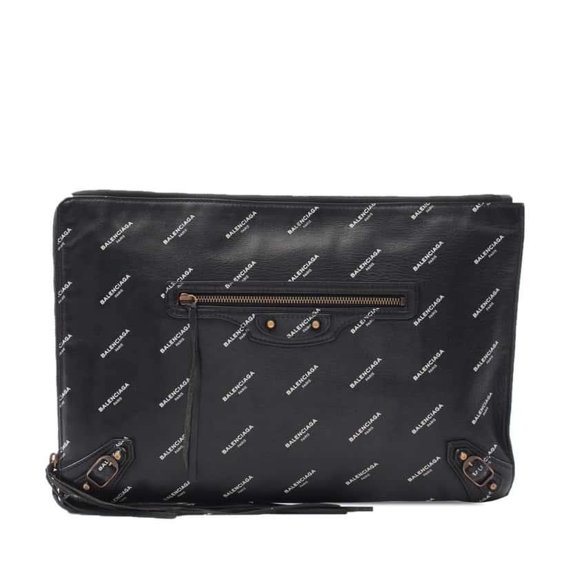 Balenciaga Lambskin Motocross Logo Print Classic Clutch Black Leather Good condition - Front View