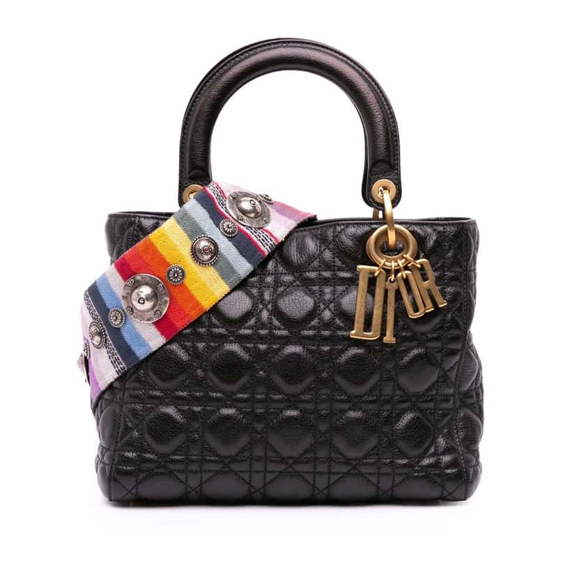 Dior Medium Grained Calfskin Cannage Supple Lady Dior Black Leather Good condition - Front View
