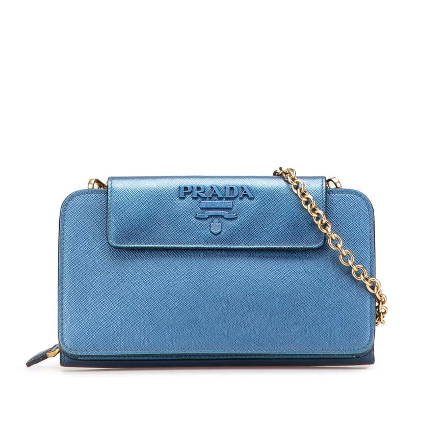 Prada Saffiano Metal Oral Phone Wallet on Chain Blue Leather Good condition - Front View