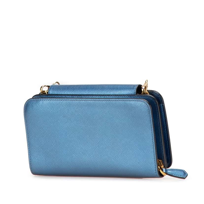 Prada Saffiano Metal Oral Phone Wallet on Chain Blue Leather Good condition - Back View