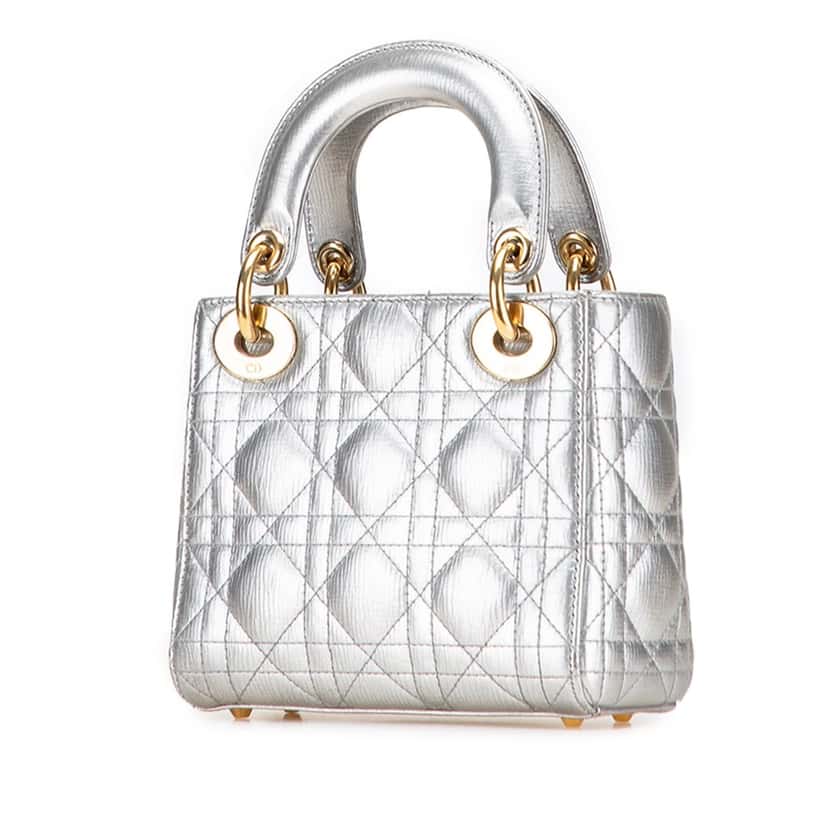 Dior Mini Metallic Grained Calfskin Cannage Lady Dior Silver Leather Good condition - Back View