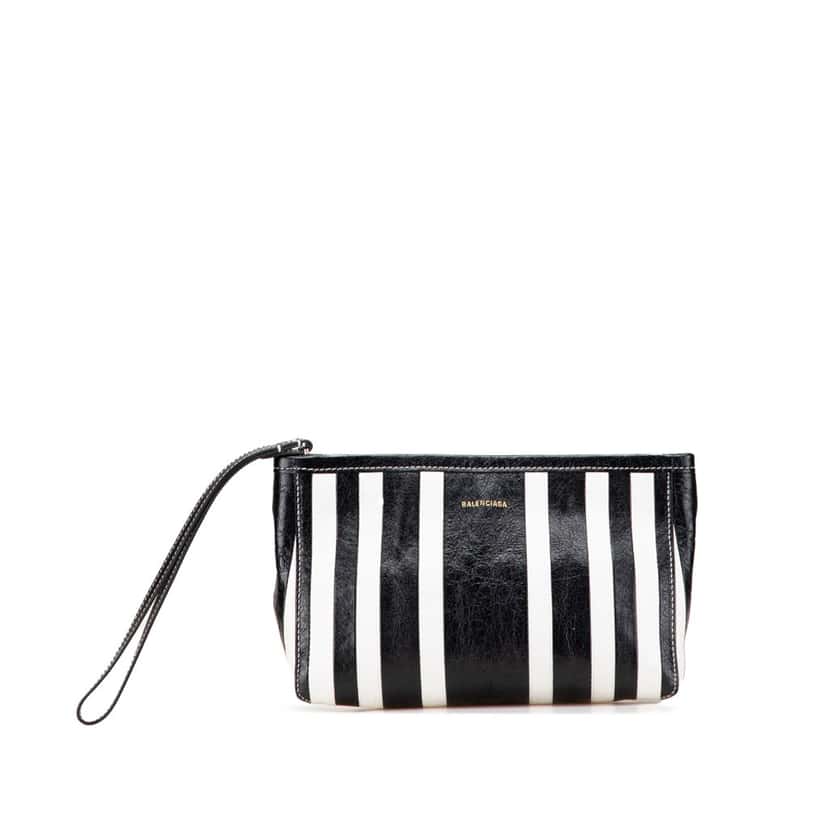 Balenciaga Small Lambskin Barbes Striped Patwork Zip Pouch Black Leather Good condition - Front View