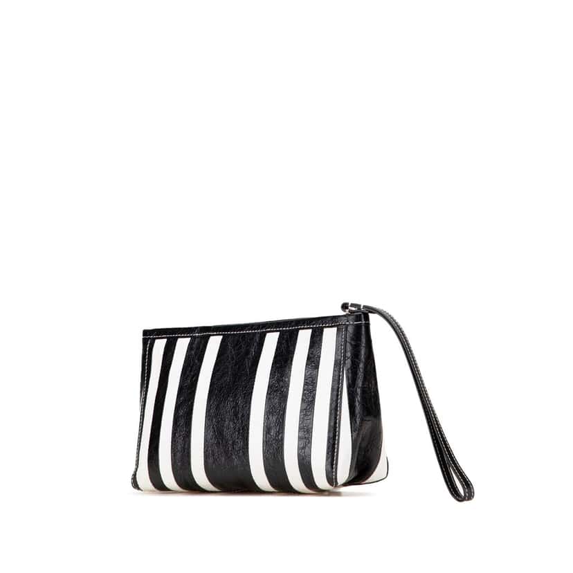 Balenciaga Small Lambskin Barbes Striped Patwork Zip Pouch Black Leather Good condition - Back View