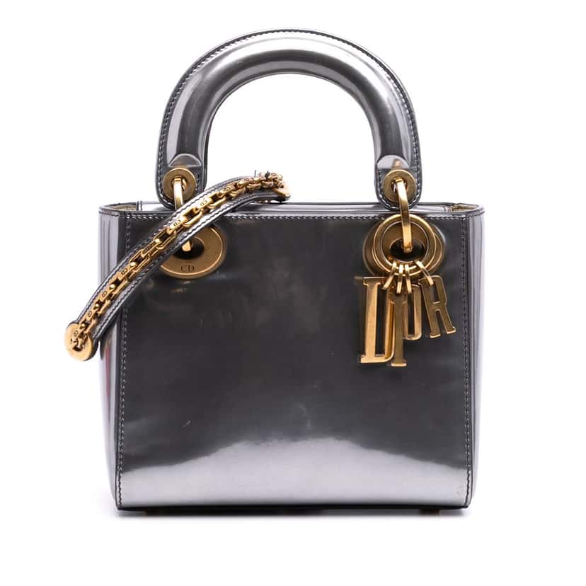 Dior Mini Metallic Glazed Calfskin Lady Dior Silver Leather Good condition - Front View