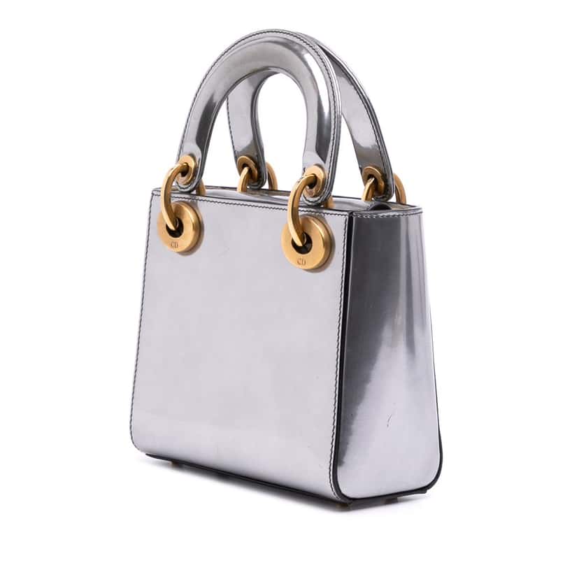 Dior Mini Metallic Glazed Calfskin Lady Dior Silver Leather Good condition - Back View