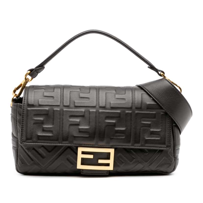 Fendi Zucca Embossed Leather Baguette Satchel Black Leather Good condition - Front View