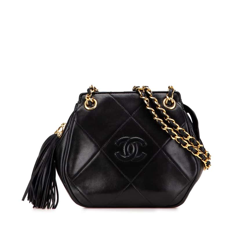 Chanel CC Quilted Lambskin Tassel Crossbody Black Leather Good condition - Front View