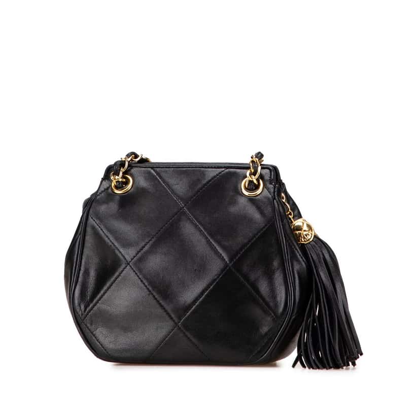 Chanel CC Quilted Lambskin Tassel Crossbody Black Leather Good condition - Back View