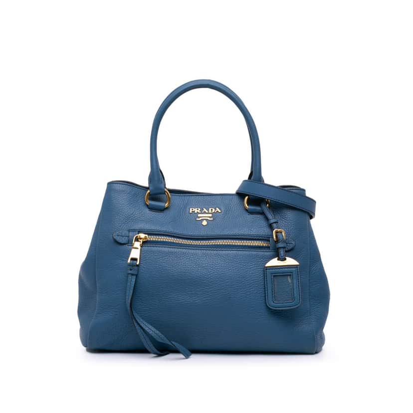Prada Medium Vitello Daino Open Convertible Tote Blue Leather Good condition - Front View