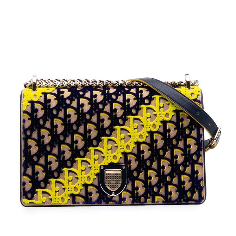 Dior Medium Oblique Canvas and Velvet Diorama Flap Blue Velvet Good condition - Front View