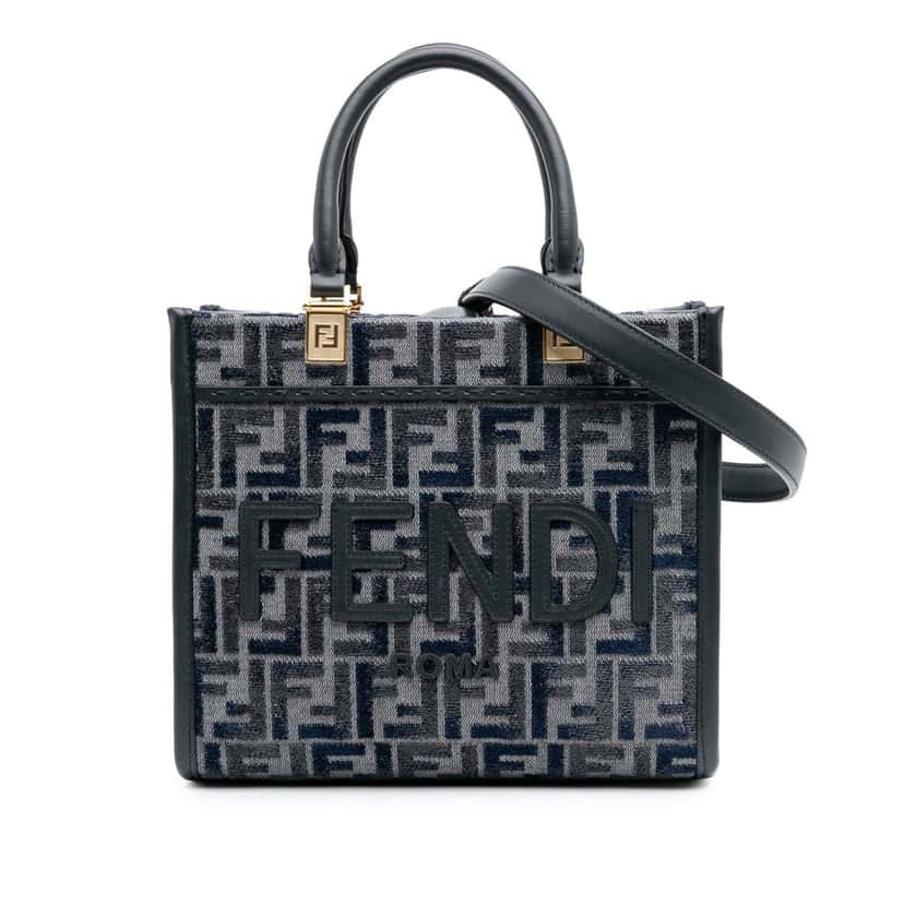 Fendi Small FF Embroidered Chenille Sunshine Shopper Tote Grey Cotton Good condition - Front View