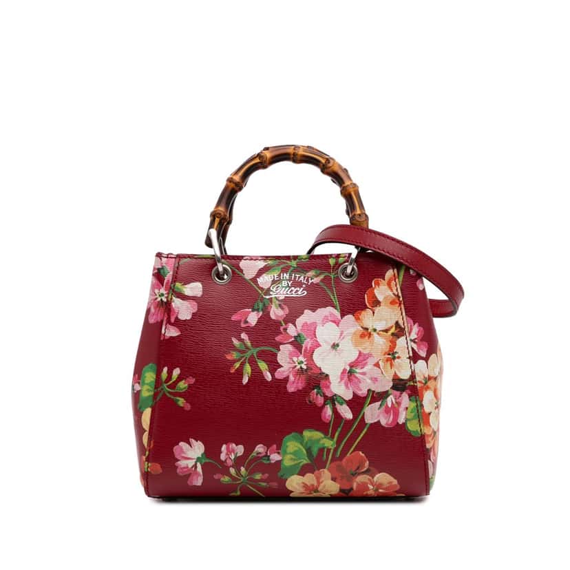 Gucci Mini Calfskin Blooms Bamboo Shopper Satchel Red Leather Good condition - Front View