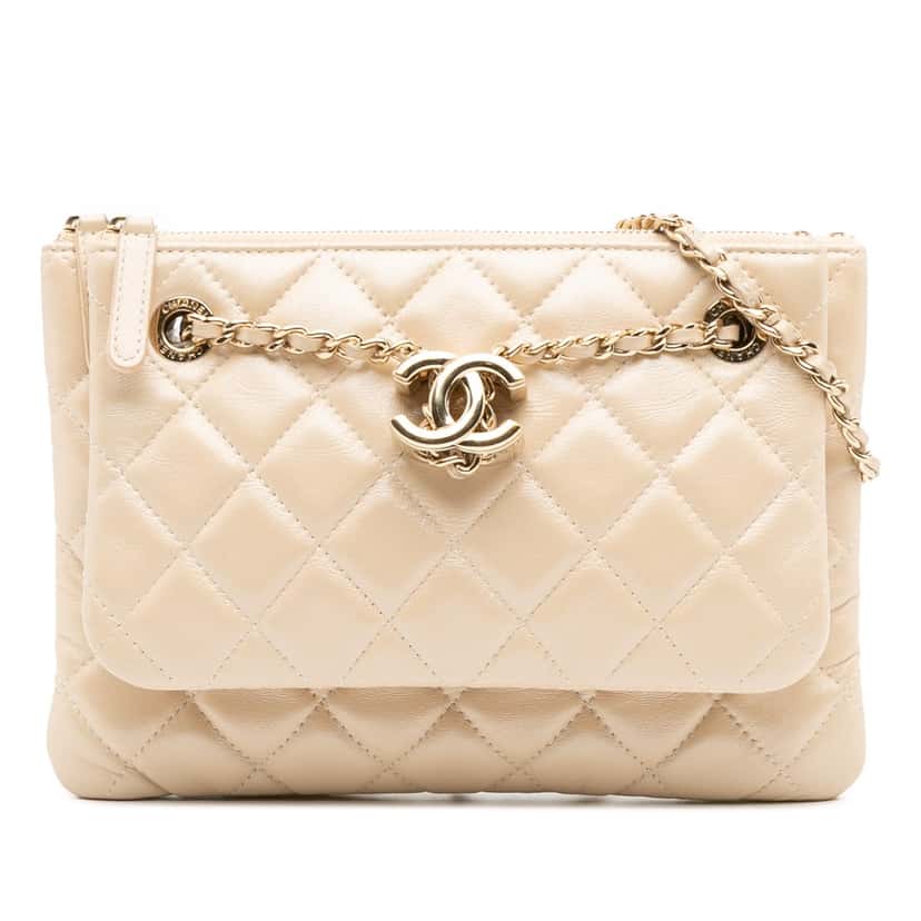 Chanel CC Quilted Lambskin Double Zip Crossbody Brown Leather Good condition - Front View