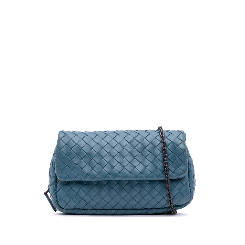 Bottega Veneta Mini Nappa Intrecciato Expandable Chain Crossbody Blue Leather Good condition - Front View