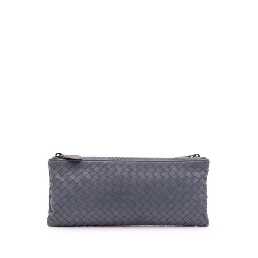 Bottega Veneta Nappa Intrecciato Double Zip Clutch Blue Leather Good condition - Front View