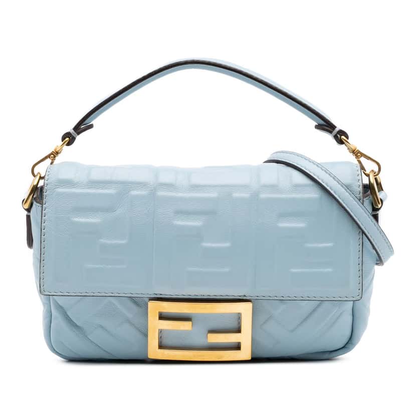 Fendi Mini Zucca Embossed Leather Baguette Satchel Blue Leather Good condition - Front View