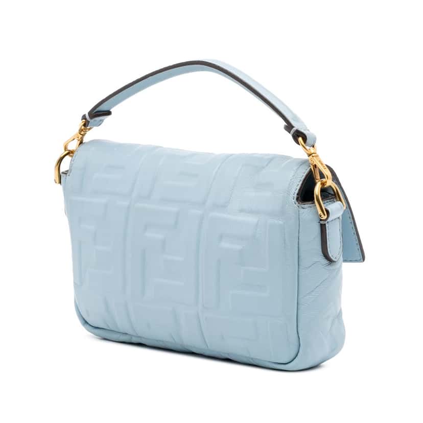 Fendi Mini Zucca Embossed Leather Baguette Satchel Blue Leather Good condition - Back View