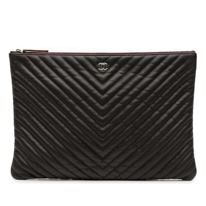Chanel Large Chevron Caviar O Case Clutch Black Leather Good condition - Front View