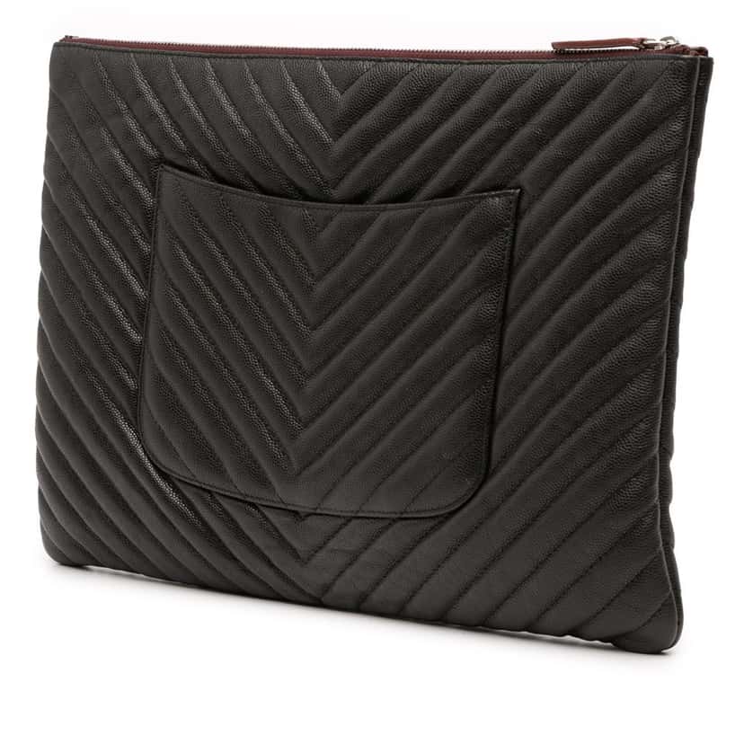 Chanel Large Chevron Caviar O Case Clutch Black Leather Good condition - Back View
