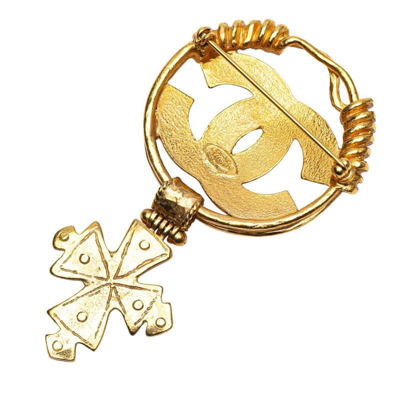 Chanel CC Gold Plated Cross Dangle Brooch Gold Metal Good condition - Back View
