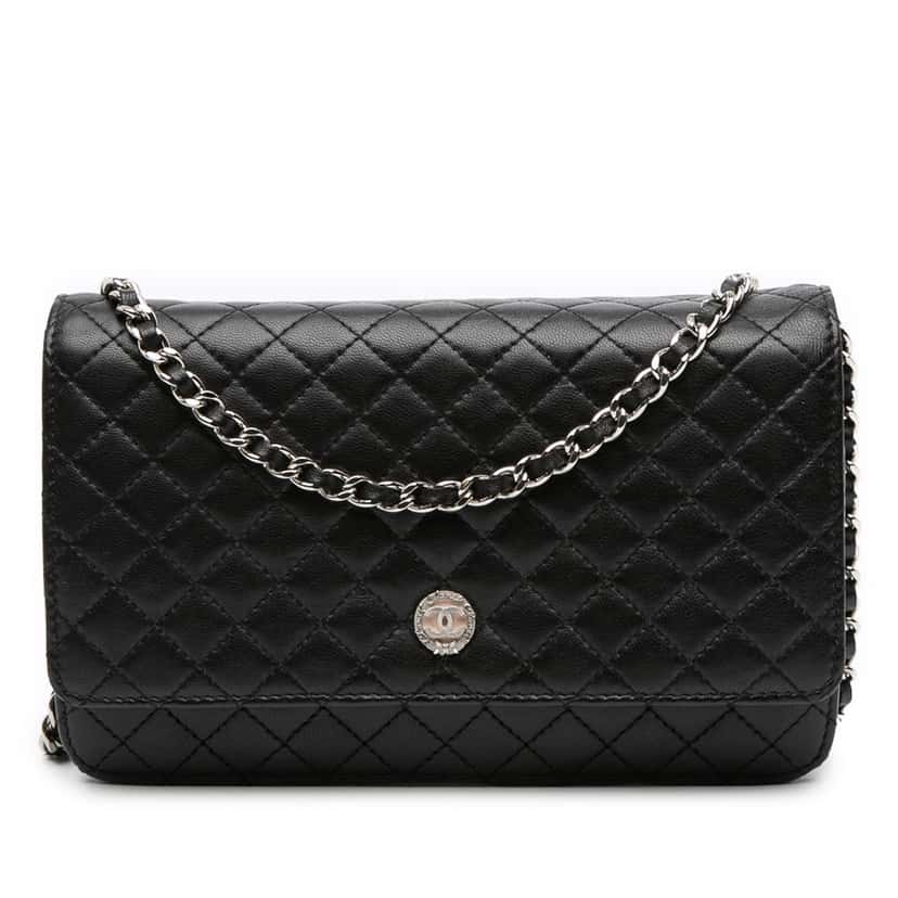 Chanel Microquilted Lambskin Wallet On Chain Black Leather Good condition - Front View