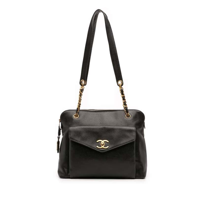 Chanel Caviar Front Pocket Chain Tote Black Leather Good condition - Front View