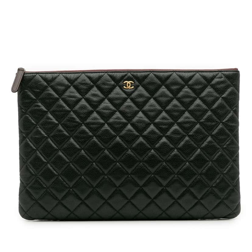 Chanel Large Quilted Caviar O Case Clutch Black Leather Good condition - Front View